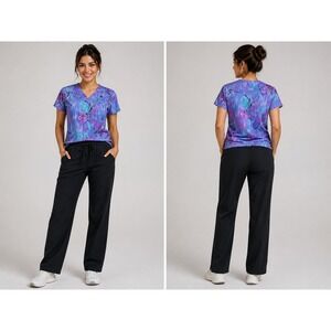 Cotton Club Scrub Set Womens L Top 36 Pants Floral‎ Medical Nurse Uniform